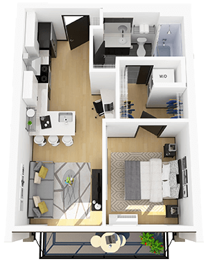 3 dimensional floorplan of a modern 1 bedroom apartment