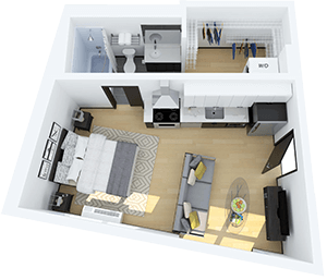 3 dimensional floor plan of a modern studio apartment
